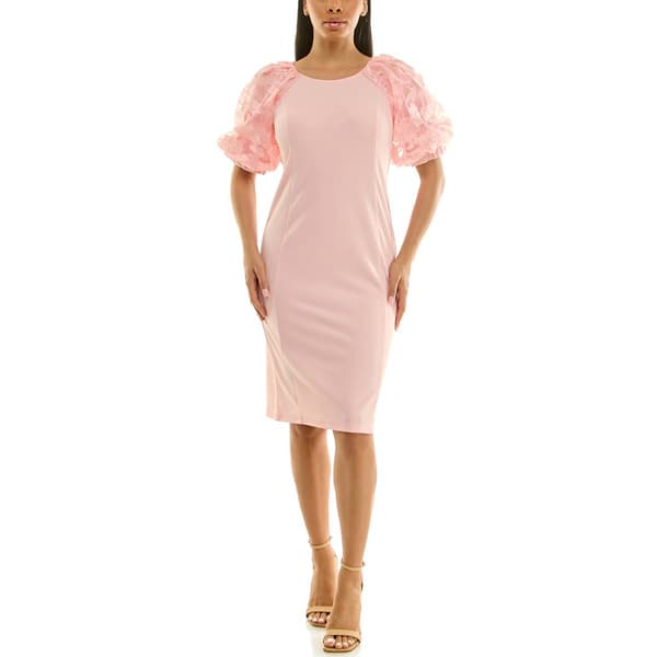 Womens Nina Leonard Short Lace Puff Sleeve Crepe Sheath Dress - image 
