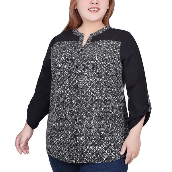 Plus Size NY Collection 3/4 Roll Tab Sleeve Geometric Blouse