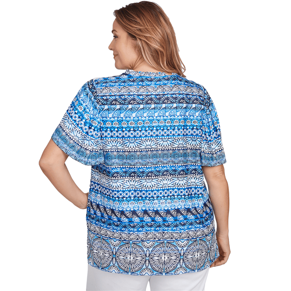 Plus Size Ruby Rd. Tinted Tides Motif Stripe Embroidered Blouse