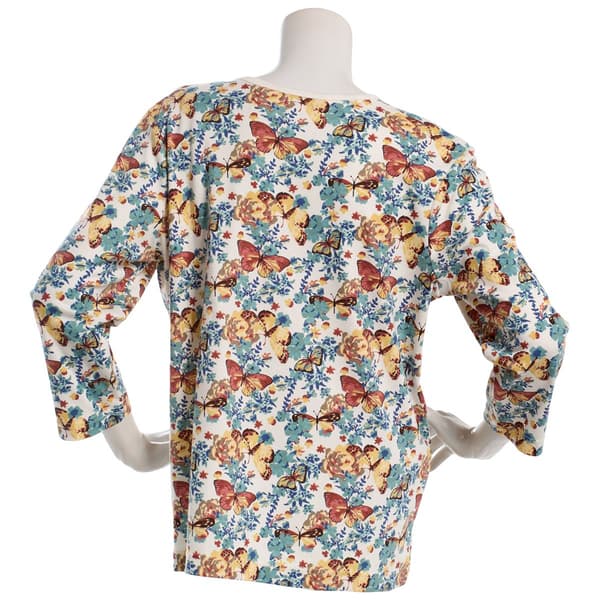 Petite Bonnie Evans 3/4 Sleeve Round Neck Butterfly Floral Tee