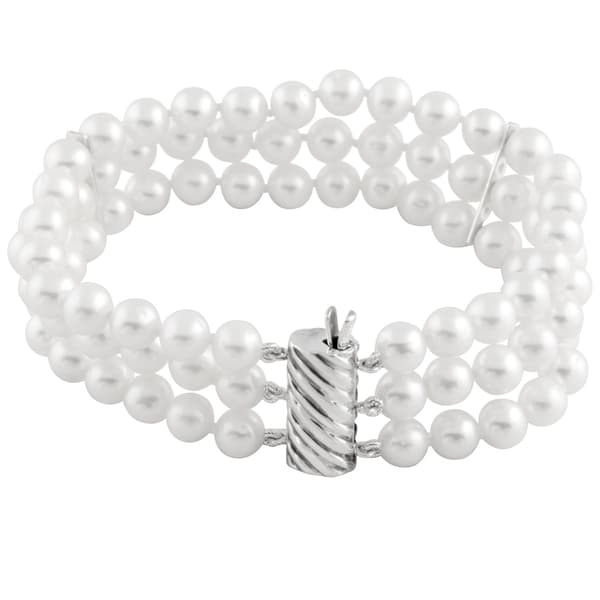 Splendid Pearls Sterling Silver Triple Row Pearl Bracelet - image 