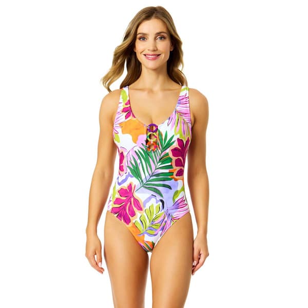 Womens Anne Cole Mod Tropical With Neck Ring Front 1 Piece Suit