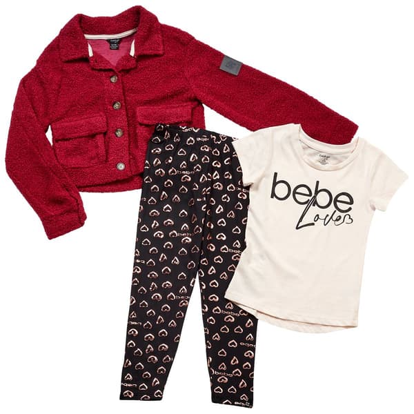 Girls &#40;7-12&#41; Bebe 3pc. Poodle Jacket Tee & Heart Leggings Set - image 