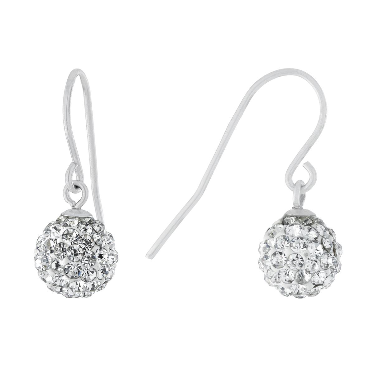 Sterling Silver 8mm Clear Pave Crystal Ball Drop Earrings