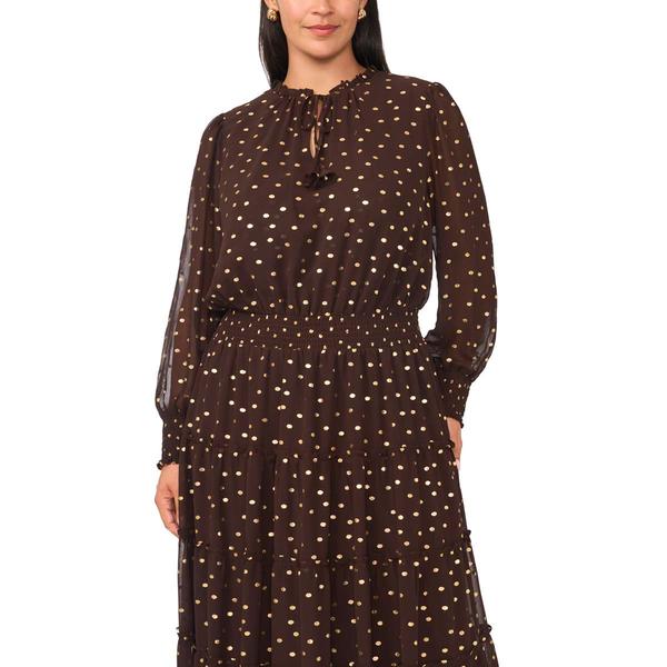 Plus Size MSK Long Sleeve Tie Neck Foil Dot Tiered Maxi Dress
