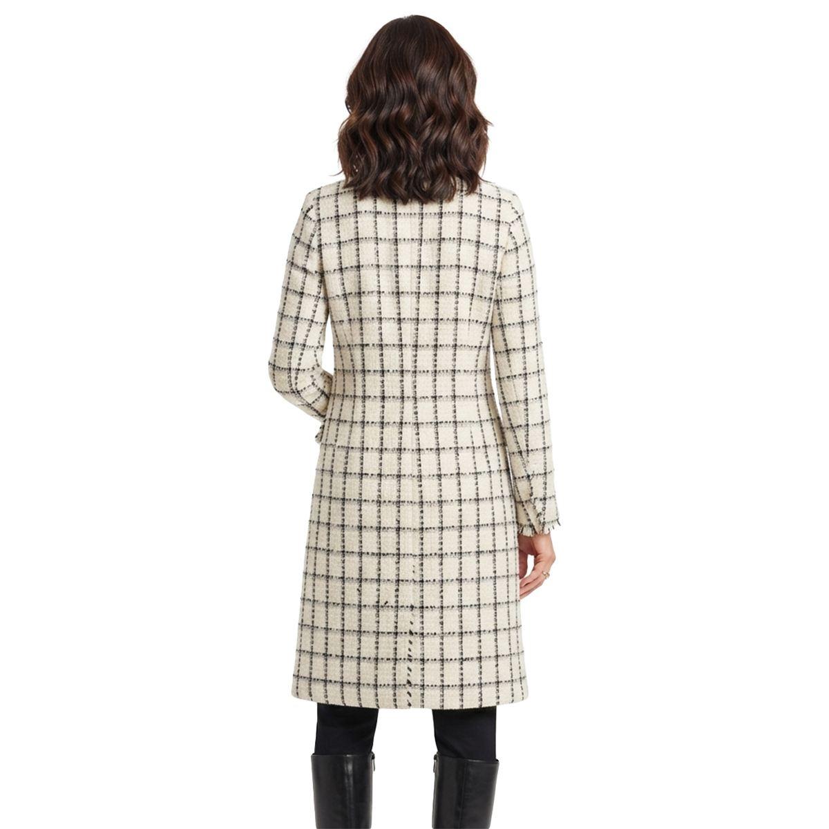 Womens Kasper Long Sleeve Windowpane Plaid Fringe Collar Jacket