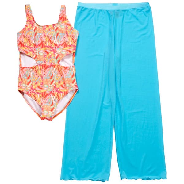 Girls (7-16) Kensie Girl Feather Print One Piece Swimsuit & Pants - image 