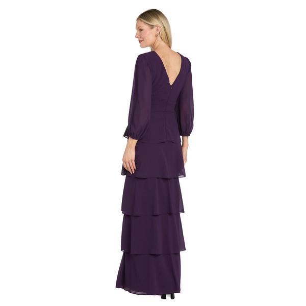 Womens R&M Richards 3/4 Sleeve V-Neck Ruffle Tiered Gown