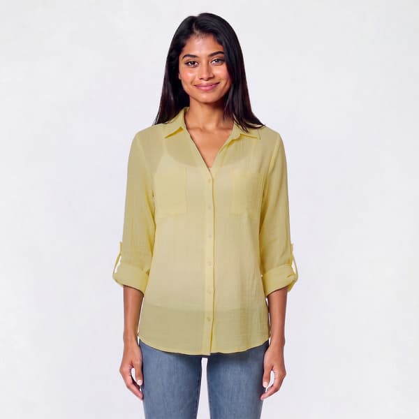 Juniors A.Byer Gauze Tie Front Roll Tab Shirt