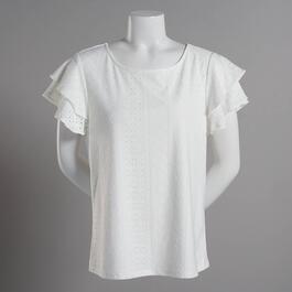 Womens Adrianna Papell Short Double Flutter Sleeve Eyelet Top