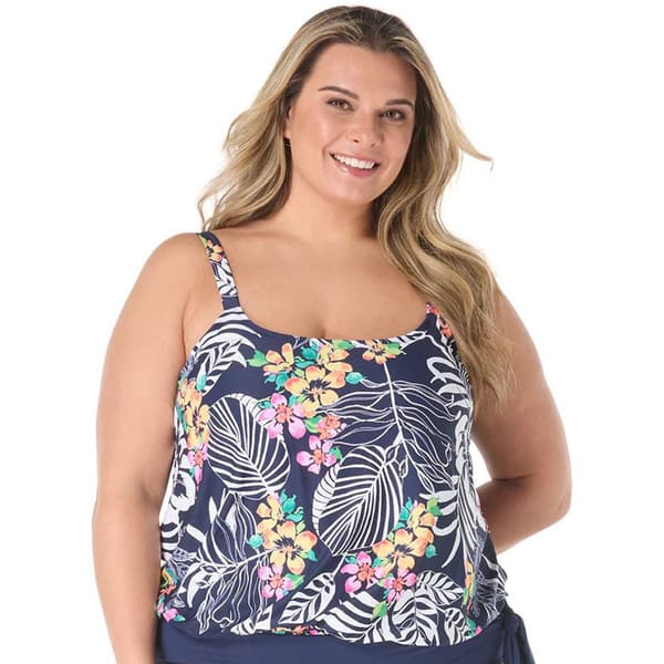 Plus Size Beach House Jungle Blouson Tankini Swim Top - image 