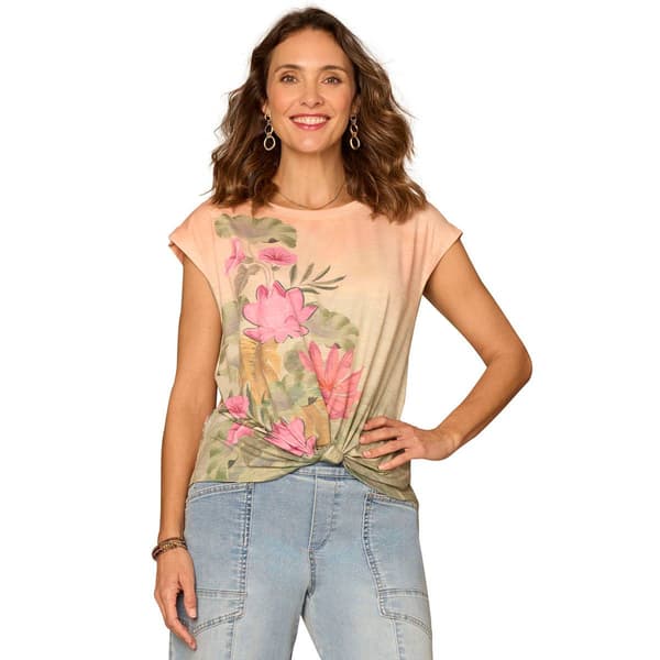 Womens Democracy Extended Cap Sleeve Knot Hem Print Knit Top