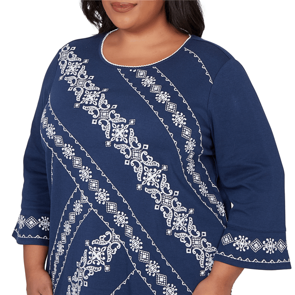 Plus Size Alfred Dunner Mykonos 3/4 Sleeve Diagonal Scroll Blouse