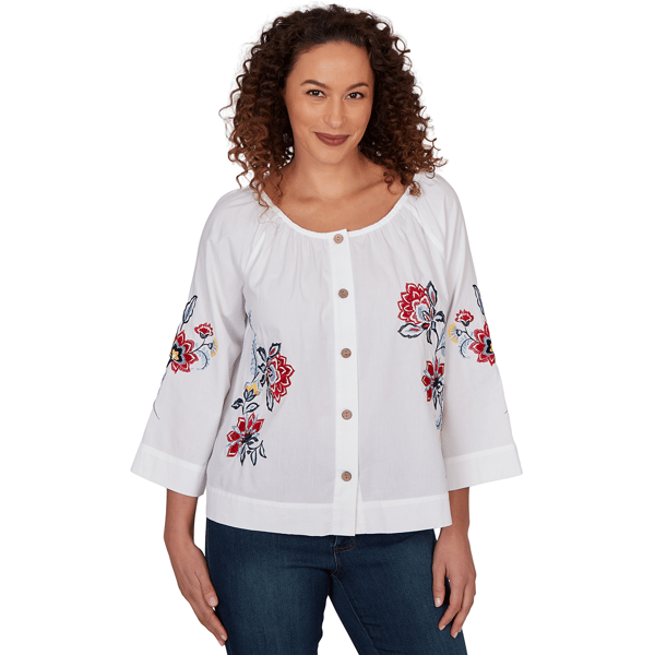 Womens Ruby Rd. French Riviera Floral Button Front Poplin Blouse