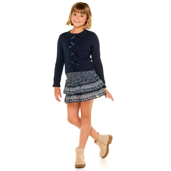 Girls (7-12) Tween Diva Rib Knit Bow Top w/ Ruffle Skort