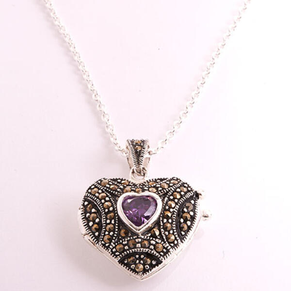 Marsala Fine Silver Plated & Marcasite Locket Necklace - image 
