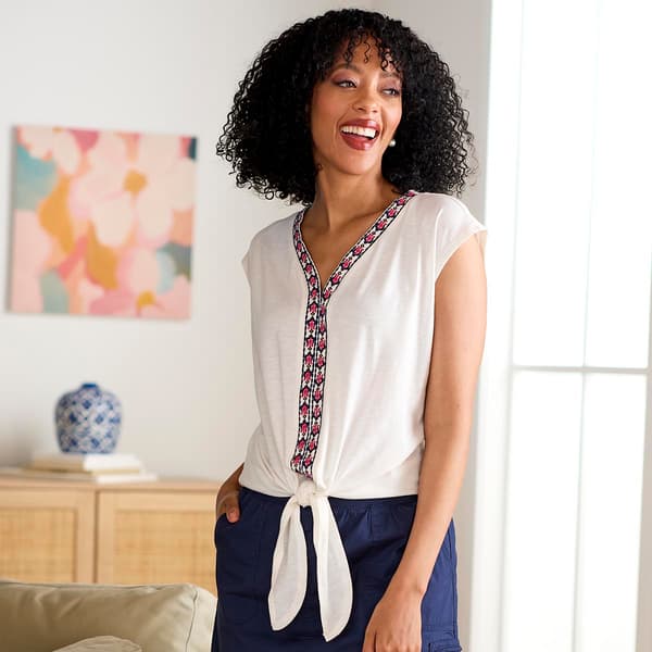 Womens French Laundry Drop Shoulder Tie Front Top w/Embroidery
