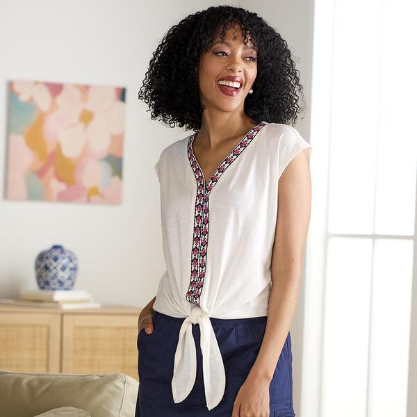Womens French Laundry Drop Shoulder Tie Front Top w/Embroidery - image 
