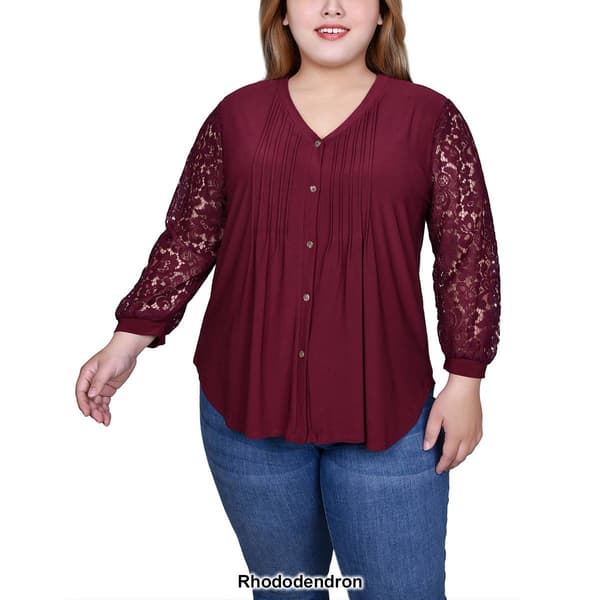 Plus Size NY Collection Lace Sleeve Solid Pleat Front Henley