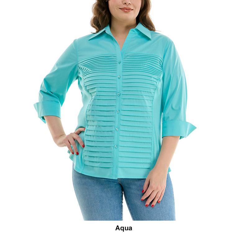Womens Zac & Rachel Solid Knit To Fit Pintuck Casual Button Down
