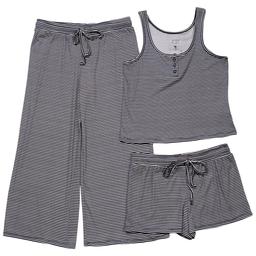 Womens Jaclyn Wonder Rib Stripe 3pc. Henley Tank Top Pajama Set