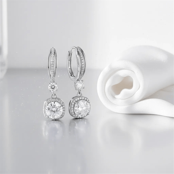 Saffron Sterling Silver 2ctw Moissanite Halo Drop Huggie Earrings