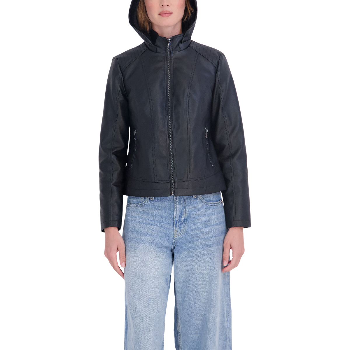 Womens Sebby Faux Leather Hooded Jacket with Faux Fur