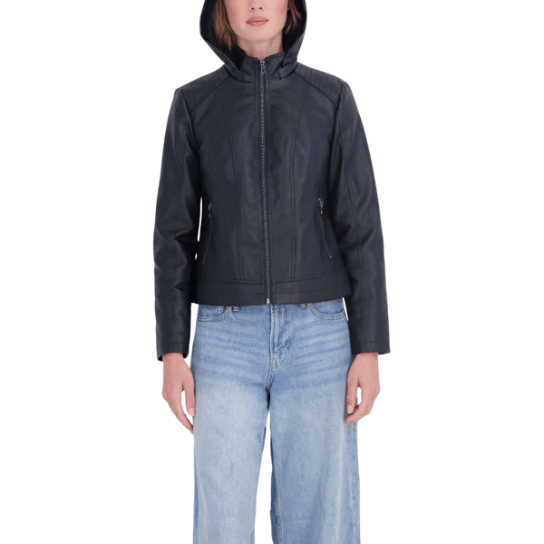 Sebby Collection Women''s Faux Leather Hooded Jacket with Faux Fu