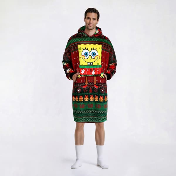Mens SpongeBob Fair Isle Ugly Christmas Pajama Hoodie - image 
