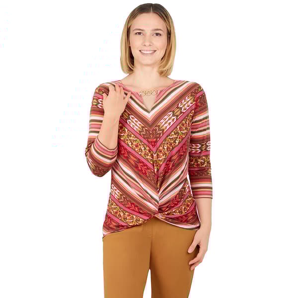 Petite Ruby Rd. Santa Fe 3/4 Sleeve Chain Detail Neck Blouse