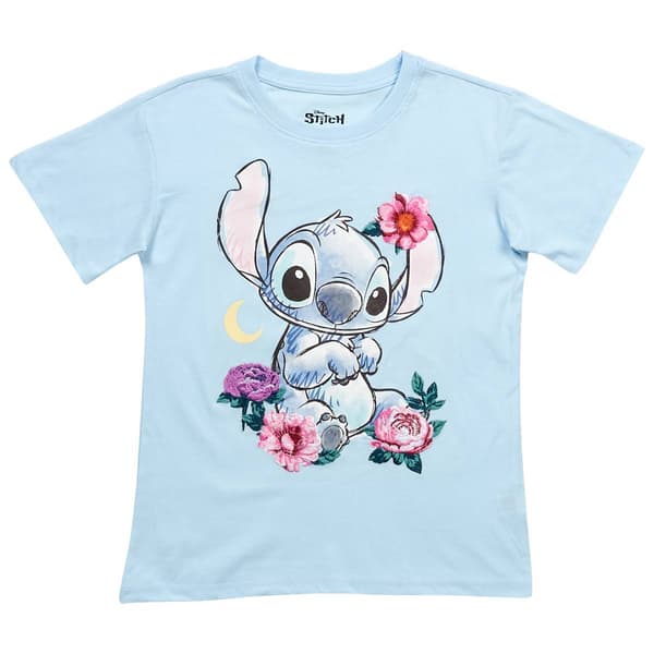 Girls (7-16) Disney Short Sleeve Stitch Embroidered Floral Bf Tee - image 