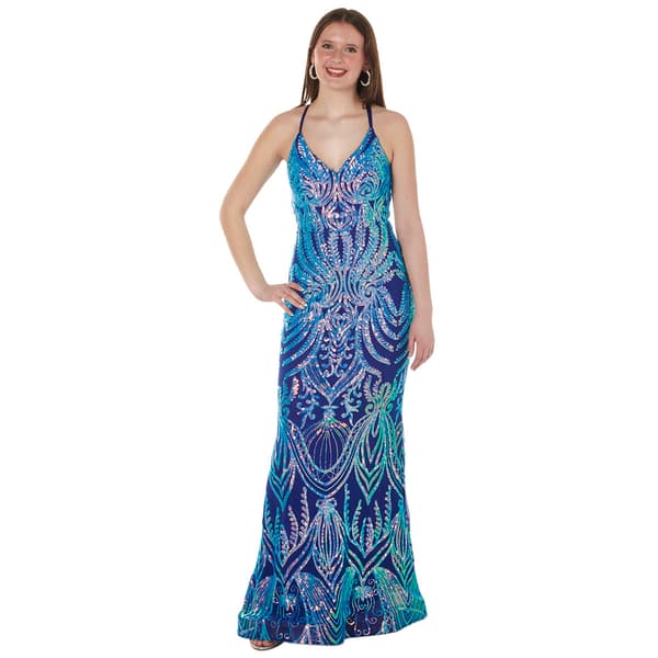 Juniors Crystal Doll Sequin Mermaid Double Crossback Sheath Dress - image 