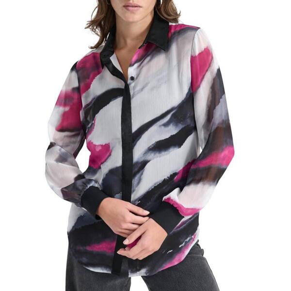 Womens DKNY Long Sleeve Chiffon Button Down Tunic Blouse - image 