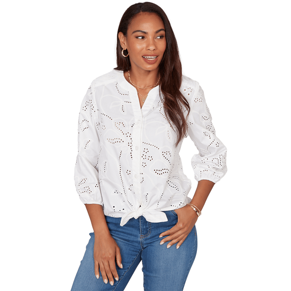 Petites Alfred Dunner Hothouse Florals Eyelet Puff Print Tie Fro - image 