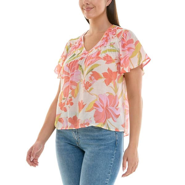 Womens Zac & Rachel Short Sleeve Smocked Tropical Blouse