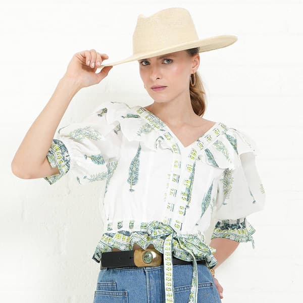 Womens MNK Elbow Sleeve V Neck Ruffle Blouse