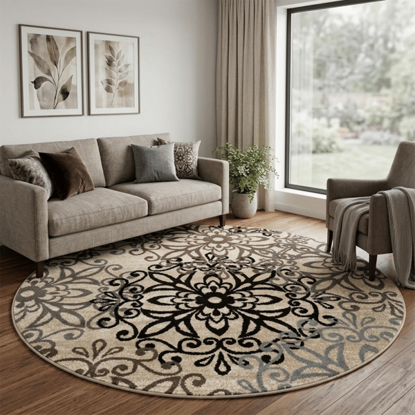 HomeRoots Brown Black & Grey Medallion Round Rug