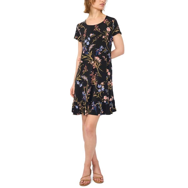 Plus Size MSK Short Sleeve Floral Vine Ruffle Hem A-Line Dress