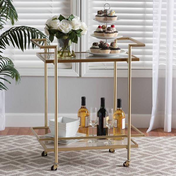 Baxton Studio Louise Glam & Luxe White Marble 2-Tier Wine Cart