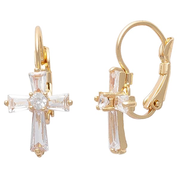 Freedom Nickel-Free Gold-Tone French Wire CZ Stone Cross Earrings
