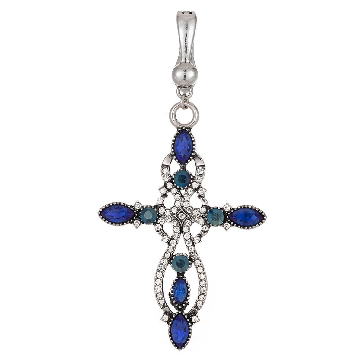 Wearable Art Silver-Tone Sapphire Glass Cross Enhancer Pendant