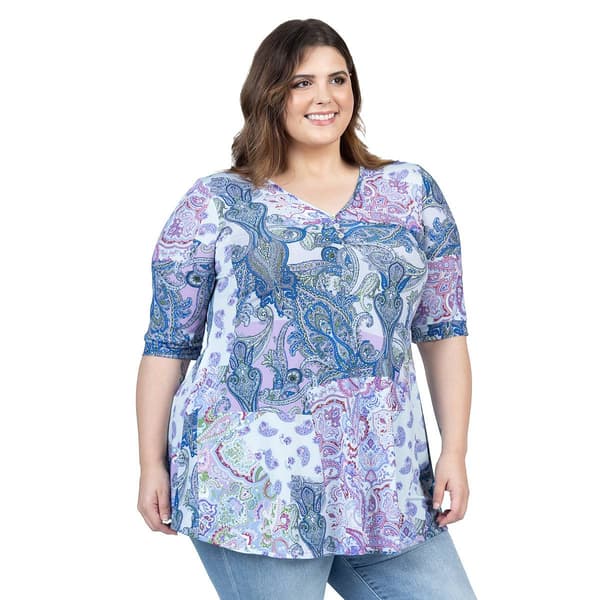 Plus Size 24/7 Comfort Apparel Paisley Elbow Sleeve V-Neck Top