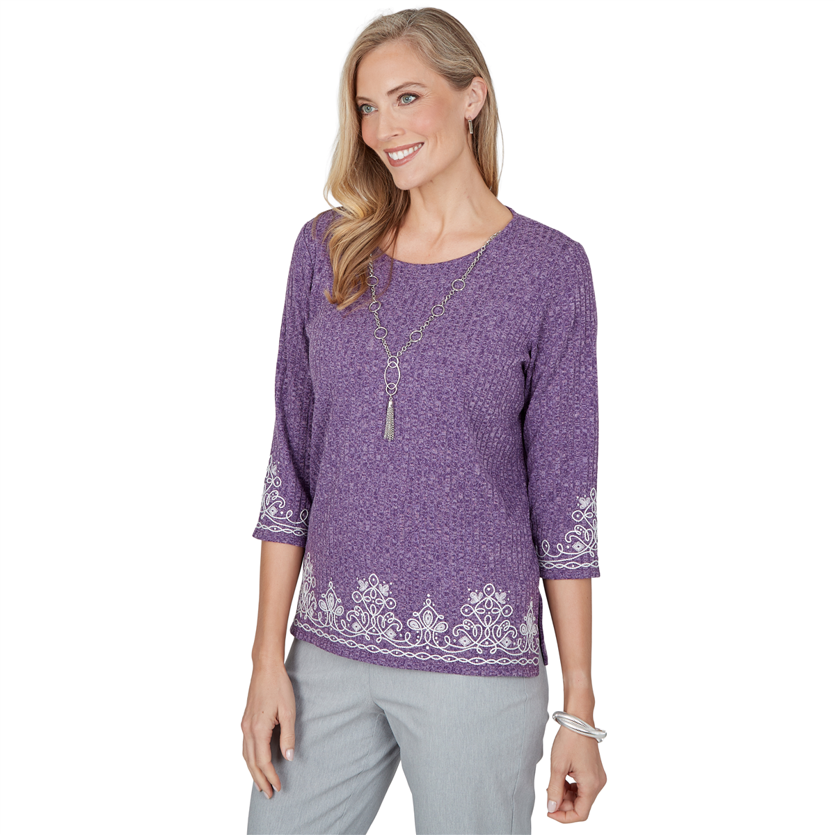 Petite Alfred Dunner Vail 3/4 Sleeve Soutache Border Sweater