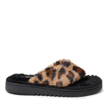 Womens Dearfoams Katia Furry Thong Slippers Leopard Boscov s