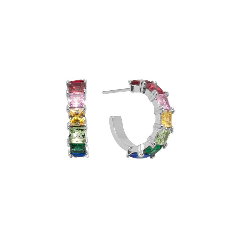 Athra Fine Silver Plated Multi-Colored Cubic Zirconia Hoops