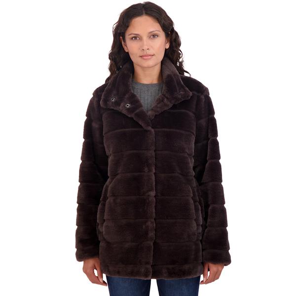 Womens Sebby Grooved Faux Fur Coat with Hood