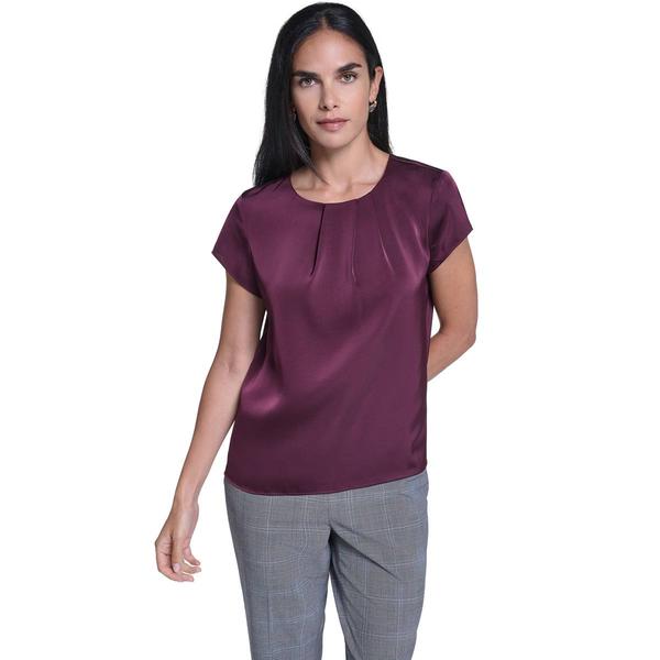 Womens Calvin Klein Short Sleeve Round Neck With Pleats Blouse - image 
