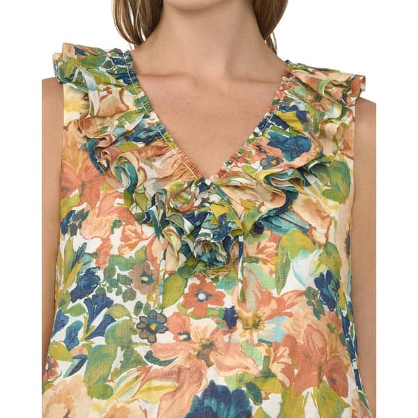 Womens Cece Sleeveless Ruffle V Neck Watercolor Floral Blouse