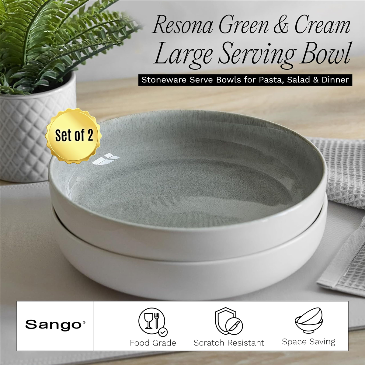 Sango Resona Moss/Cream Large Ceramic Serving Bowl - Set of 2