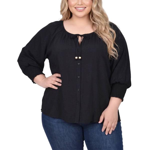 Plus Size NY Collection 3/4 Sleeve Solid Tuwa Wth Tie Peasant Bl